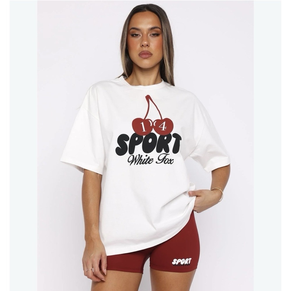 White Fox Boutique T Shirt Top Women's XS/S White Cherry Short Sleeve Oversized